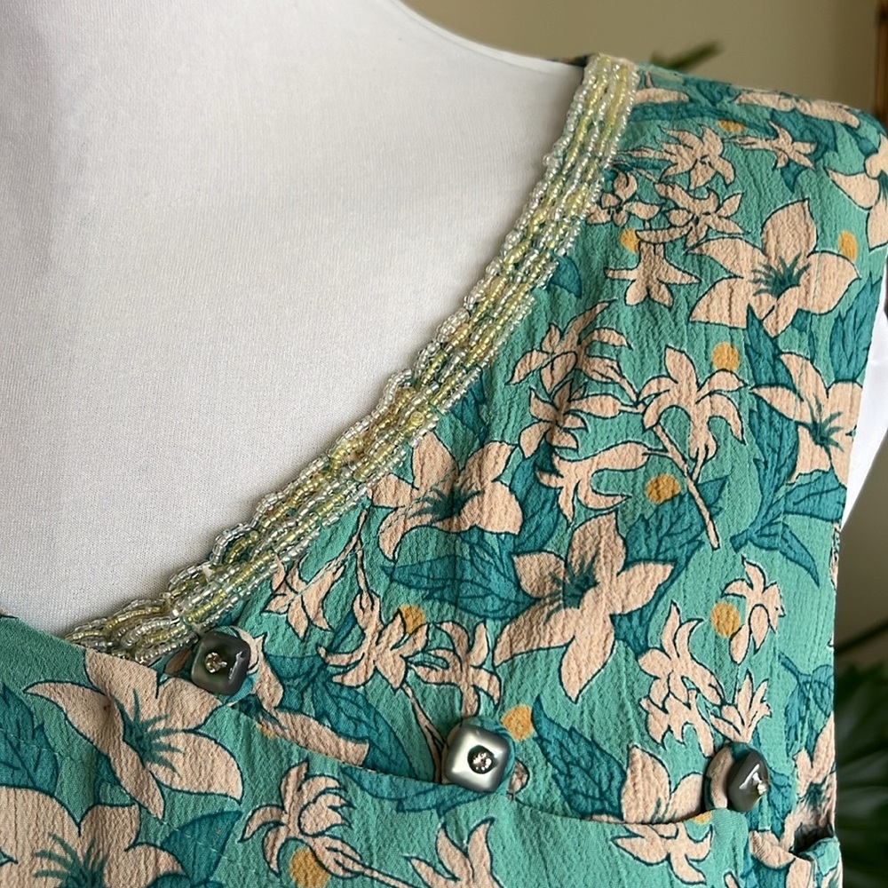 APRIL CORNELL 🦋 Sea Green Teal Shift Dress, Unique V neckline, beaded, flowing